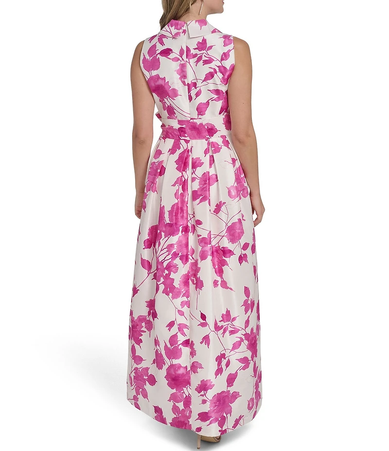 Jessica Howard Floral Print Shantung Collared Long Dress