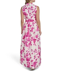 Jessica Howard Floral Print Shantung Collared Long Dress