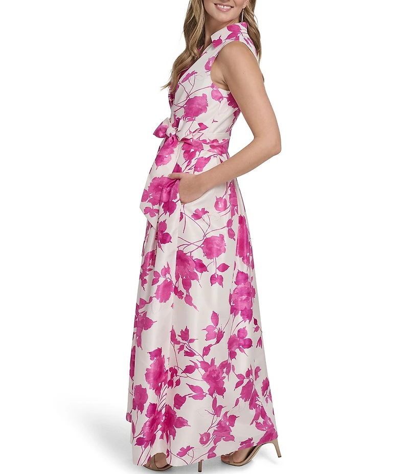 Jessica Howard Floral Print Shantung Collared Long Dress