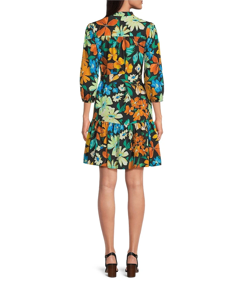 Jessica Howard Floral Print Split V-Neck 3/4 Sleeve Fit-And-Flare Dress