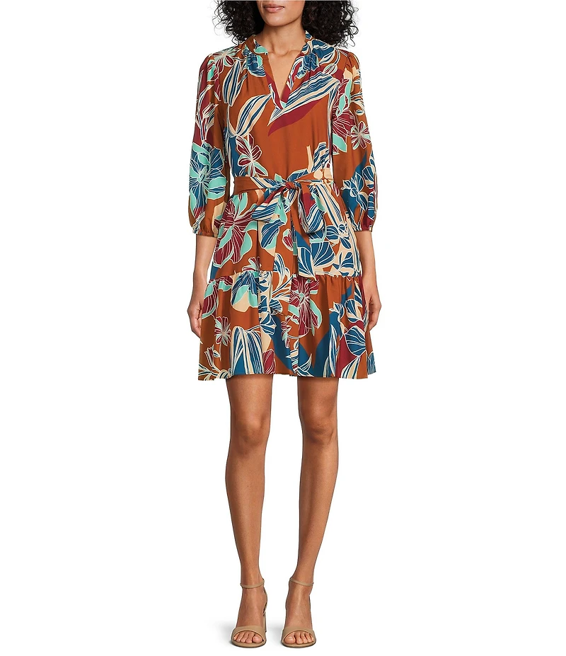 Jessica Howard Floral Print Split V-Neck 3/4 Sleeve Ruffled Hem A-Line Dress
