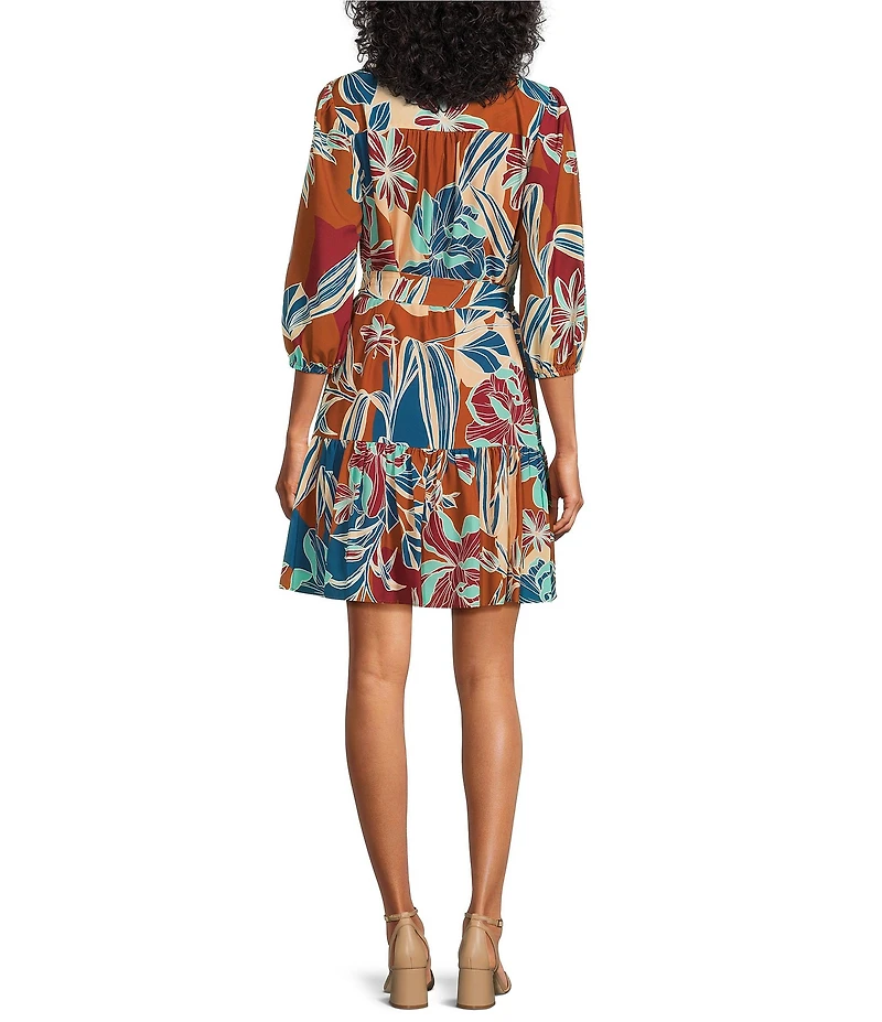 Jessica Howard Floral Print Split V-Neck 3/4 Sleeve Ruffled Hem A-Line Dress