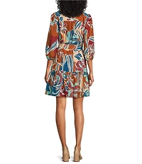 Jessica Howard Floral Print Split V-Neck 3/4 Sleeve Ruffled Hem A-Line Dress