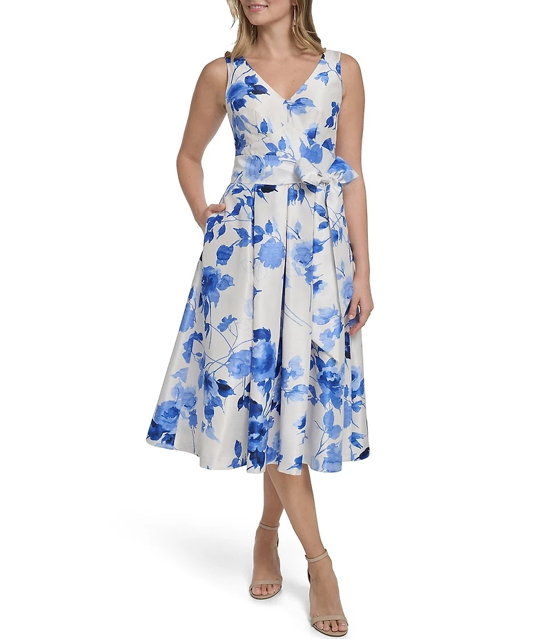 Jessica Howard Floral Shantung V-Neck Sleeveless A-Line Dress