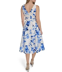 Jessica Howard Floral Shantung V-Neck Sleeveless A-Line Dress