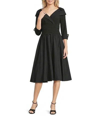 Jessica Howard Jersey Taffeta 3/4 Sleeve Portrait Collar Ruched A-Line Midi Dress