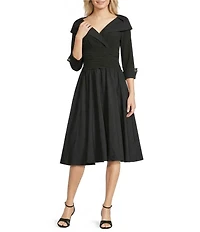 Jessica Howard Jersey Taffeta 3/4 Sleeve Portrait Collar Ruched A-Line Midi Dress
