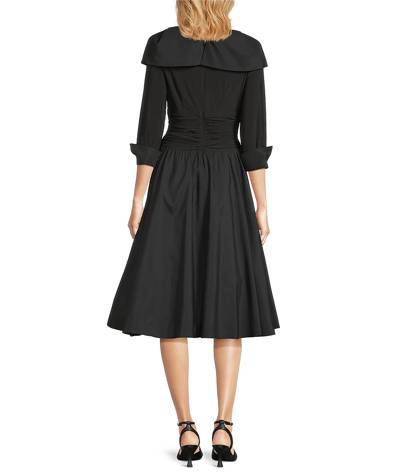 Jessica Howard Jersey Taffeta 3/4 Sleeve Portrait Collar Ruched A-Line Midi Dress