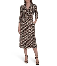 Jessica Howard Knit Jersey Printed Collared Faux Wrap Midi Dress