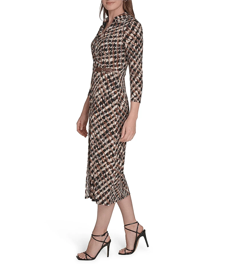 Jessica Howard Knit Jersey Printed Collared Faux Wrap Midi Dress