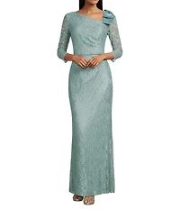 Jessica Howard Lace 3/4 Sleeve Asymmetrical Neck Bow Shoulder Side Tuck Gown