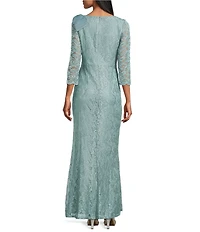 Jessica Howard Lace 3/4 Sleeve Asymmetrical Neck Bow Shoulder Side Tuck Gown