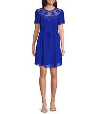 Jessica Howard Lace Yoke Crew Neck Short Sleeve Belted A-Line Dress