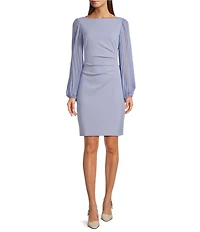 Jessica Howard Long Pleated Sleeve Boat Neck Crepe Sheath Dress