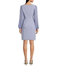 Jessica Howard Long Pleated Sleeve Boat Neck Crepe Sheath Dress