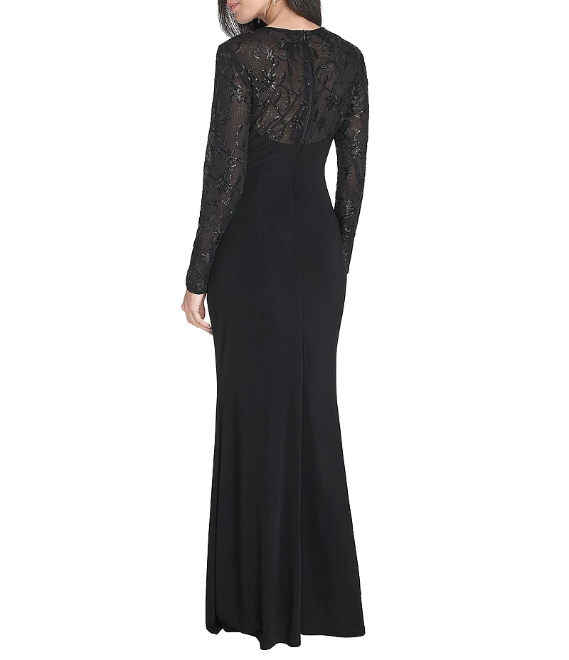 Jessica Howard Mesh Sequin Long Sleeve Gown