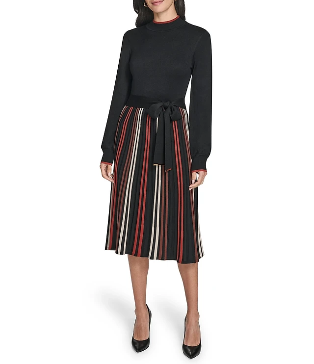Jessica Howard Mock Neck Long Sleeve Stripe Pleated Fit And Flare Sweater Midi  Dress at CoolSprings Galleria in Franklin, TN