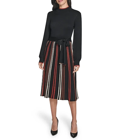 Jessica Howard Mock Neck Long Sleeve Stripe Pleated Fit And Flare Sweater Midi Dress