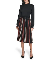 Jessica Howard Mock Neck Long Sleeve Stripe Pleated Fit And Flare Sweater Midi Dress