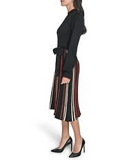 Jessica Howard Mock Neck Long Sleeve Stripe Pleated Fit And Flare Sweater Midi Dress