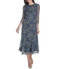 Jessica Howard Paisley Print 3/4 Sleeve Round Neck Ruched Bodice Midi Dress