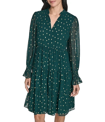 Jessica Howard Pebble Chiffon Dotted Foil Print V-Neck Long Sleeve Baby Doll Dress