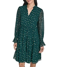 Jessica Howard Pebble Chiffon Dotted Foil Print V-Neck Long Sleeve Baby Doll Dress
