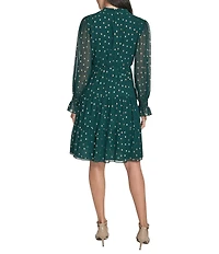 Jessica Howard Pebble Chiffon Dotted Foil Print V-Neck Long Sleeve Baby Doll Dress
