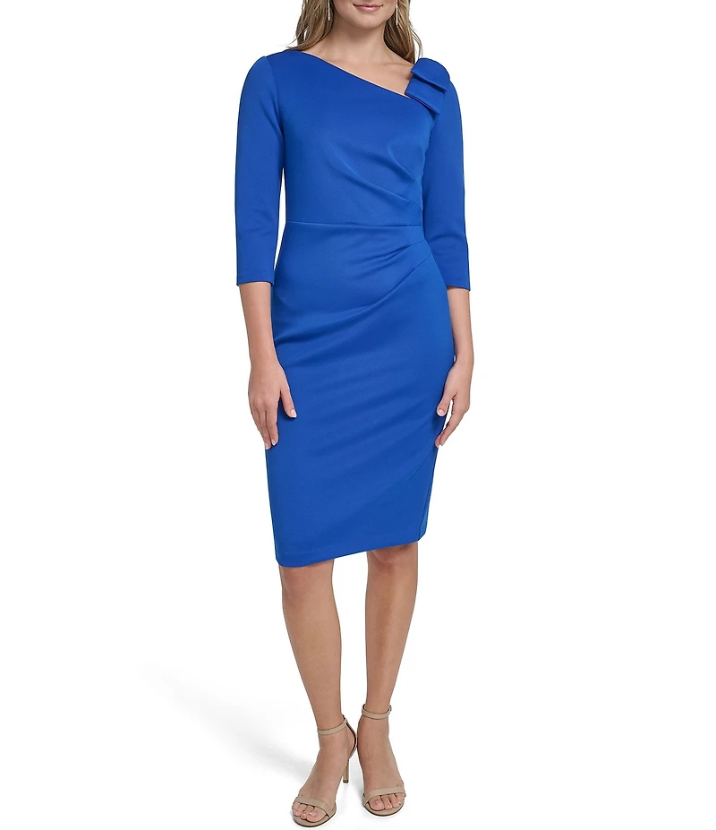 Jessica Howard Petite Size Asymmetrical Bow Neck Scuba Sheath Dress
