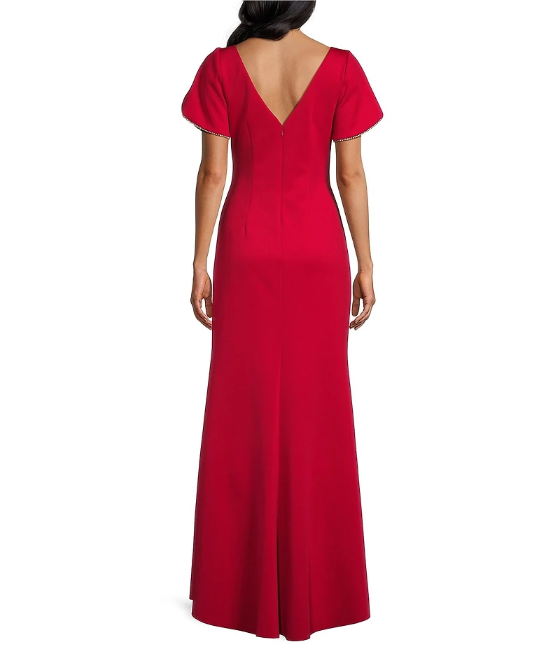 Jessica Howard Petite Size Boat Neck Tulip Sleeve Rhinestone Trim Sheath Gown