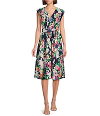Jessica Howard Petite Size Cap Sleeve V-Neck Tie Waist Floral Pleated Dress