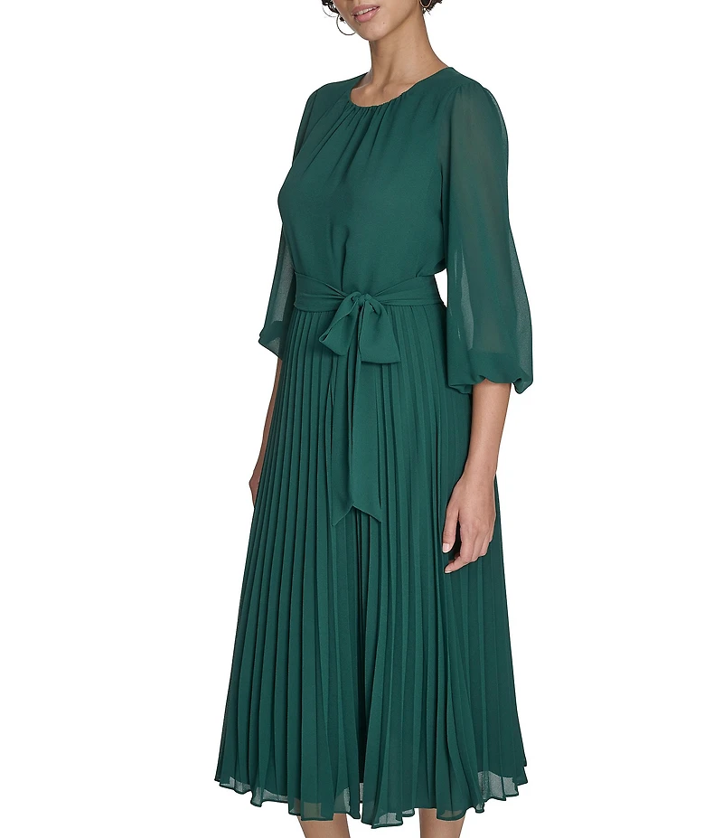 Jessica Howard Petite Size Chiffon Round Neck 3/4 Balloon Sleeve Pleated Midi Dress