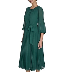 Jessica Howard Petite Size Chiffon Round Neck 3/4 Balloon Sleeve Pleated Midi Dress