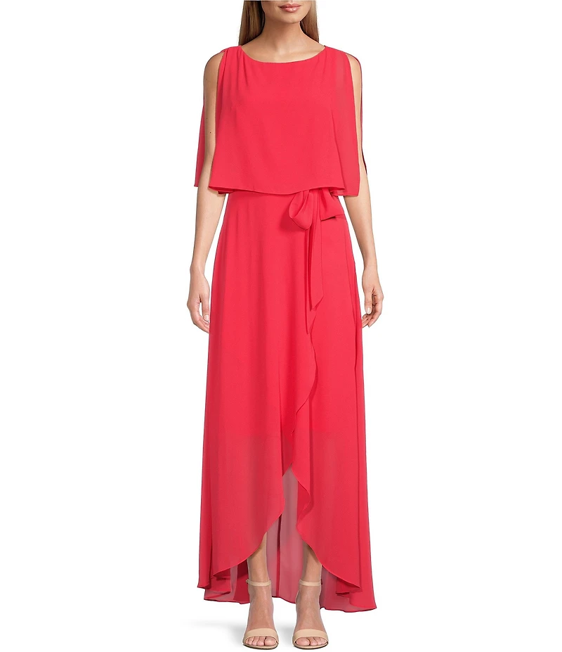 Jessica Howard Petite Size Elbow Length Sleeve Boat Neck Tie Waist Chiffon Popover Maxi Dress