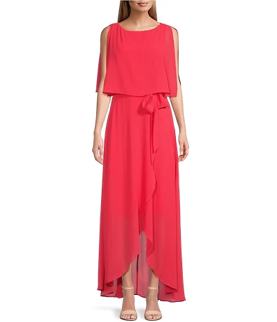 Jessica Howard Petite Size Elbow Length Sleeve Boat Neck Tie Waist Chiffon Popover Maxi Dress