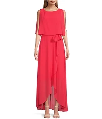Jessica Howard Petite Size Elbow Length Sleeve Boat Neck Tie Waist Chiffon Popover Maxi Dress