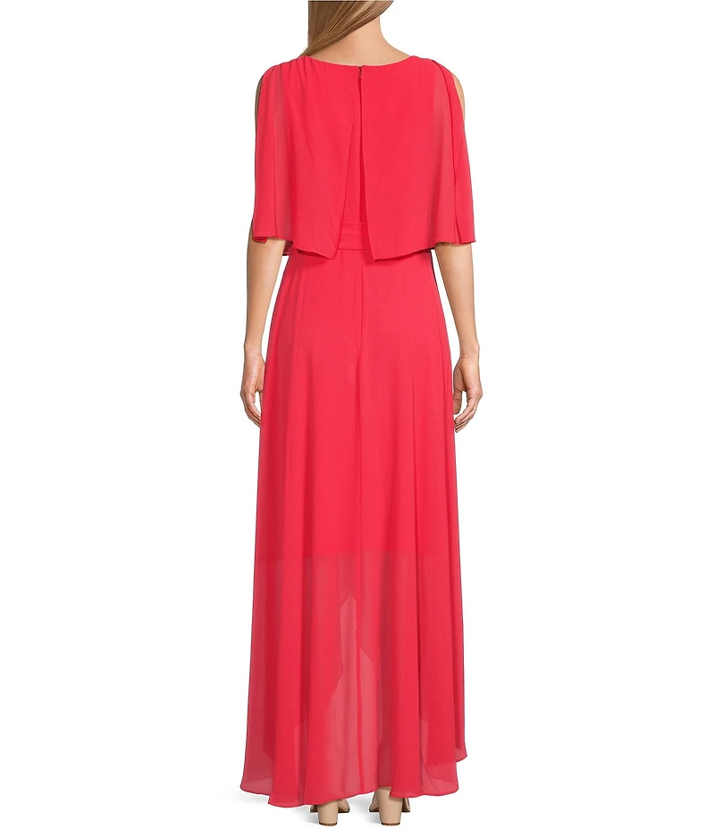 Jessica Howard Petite Size Elbow Length Sleeve Boat Neck Tie Waist Chiffon Popover Maxi Dress
