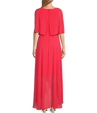 Jessica Howard Petite Size Elbow Length Sleeve Boat Neck Tie Waist Chiffon Popover Maxi Dress