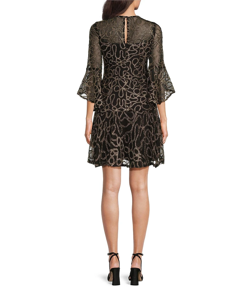Jessica Howard Petite Size Embellished Mesh Crew Neck Bell Sleeve A-Line Dress