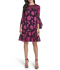 Jessica Howard Petite Size Floral Embroidered Chiffon Illusion Yoke 3/4 Bell Sleeve A-Line Dress