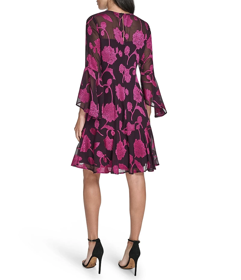 Jessica Howard Petite Size Floral Embroidered Chiffon Illusion Yoke 3/4 Bell Sleeve A-Line Dress