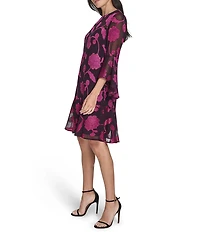 Jessica Howard Petite Size Floral Embroidered Chiffon Illusion Yoke 3/4 Bell Sleeve A-Line Dress