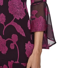 Jessica Howard Petite Size Floral Embroidered Chiffon Illusion Yoke 3/4 Bell Sleeve A-Line Dress
