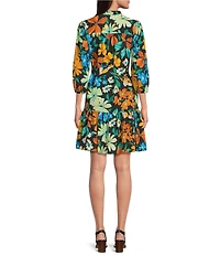 Jessica Howard Petite Size Floral Print Split V-Neck 3/4 Sleeve Ruffle Hem A-Line Dress