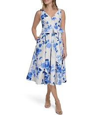 Jessica Howard Petite Size Floral Shantung V-Neck Sleeveless A-Line Midi Dress