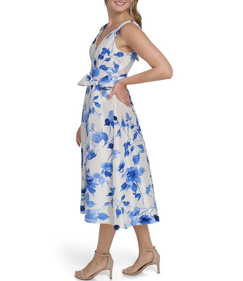 Jessica Howard Petite Size Floral Shantung V-Neck Sleeveless A-Line Midi Dress