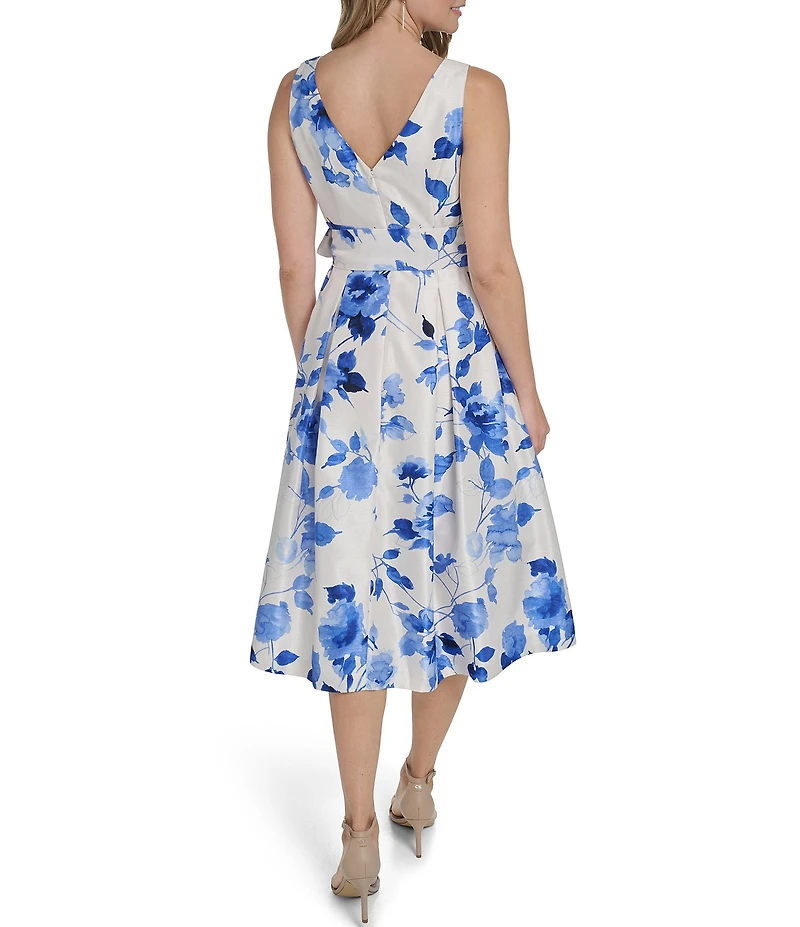 Jessica Howard Petite Size Floral Shantung V-Neck Sleeveless A-Line Midi Dress