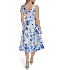 Jessica Howard Petite Size Floral Shantung V-Neck Sleeveless A-Line Midi Dress
