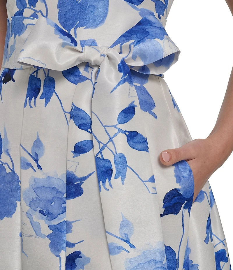 Jessica Howard Petite Size Floral Shantung V-Neck Sleeveless A-Line Midi Dress