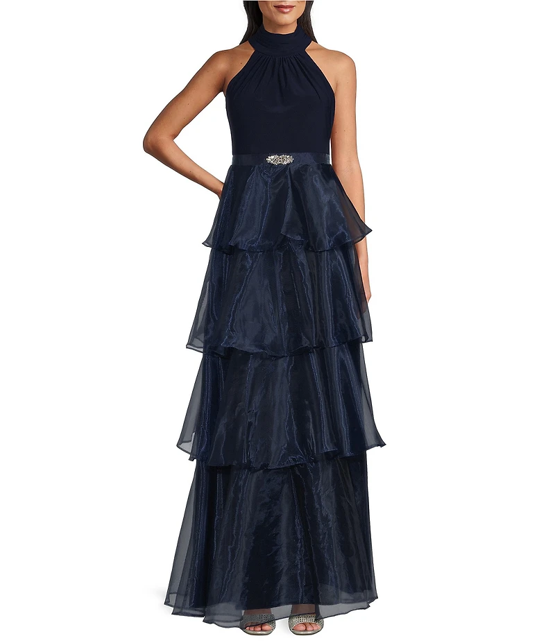 Jessica Howard Petite Size Halter Neck Organza Tiered Skirt Gown